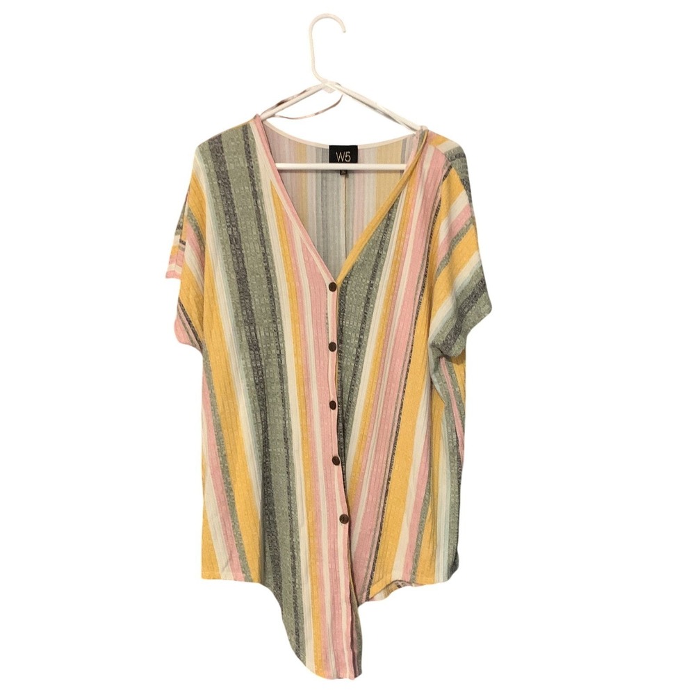 W5 Button Down Striped Top 1X Pastel Colors Short Sleeve Asymmetric Hem‎